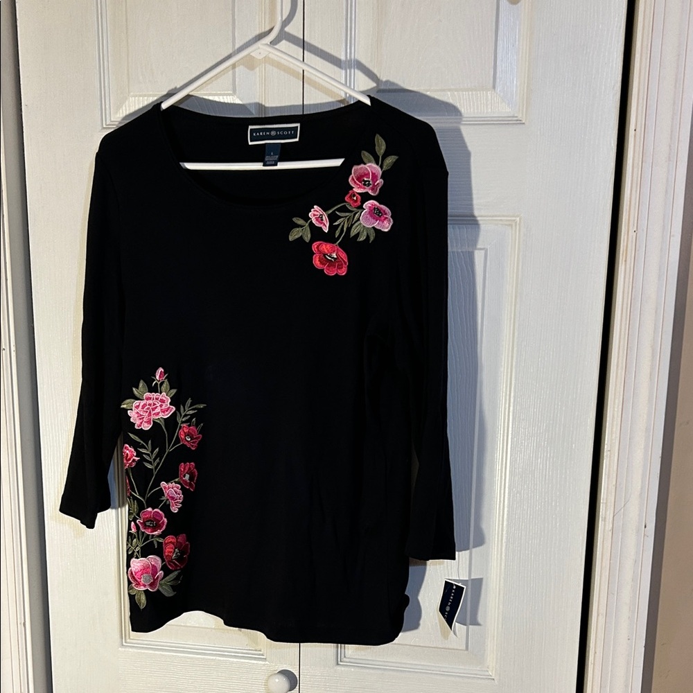 Karen Scott Black Top with Pink Floral Embroidery